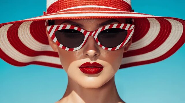 Stylish woman with red and white striped sunhat and sunglasses wearing bold red lipstick on blue sky background