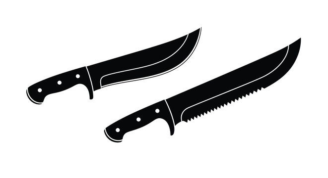 Two curved blade knives displayed in a stark black silhouette