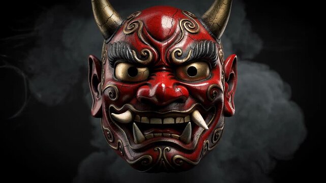 Traditional Japanese red demon mask with fierce expression and golden horns on dark smoky background