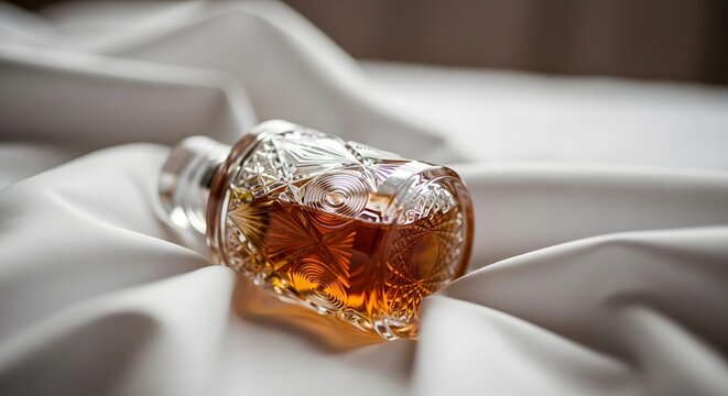 Elegant Crystal Decanter with Amber Liquid on White Fabric