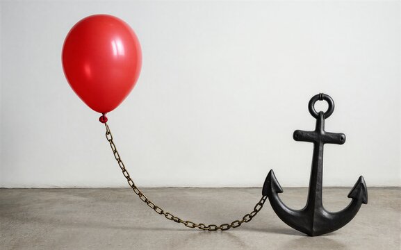 Red balloon floats chained to heavy anchorsymbolizing freedom vs.