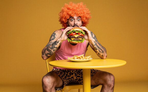 Man with orange wig eats giant burger tattoos visible yellow table
