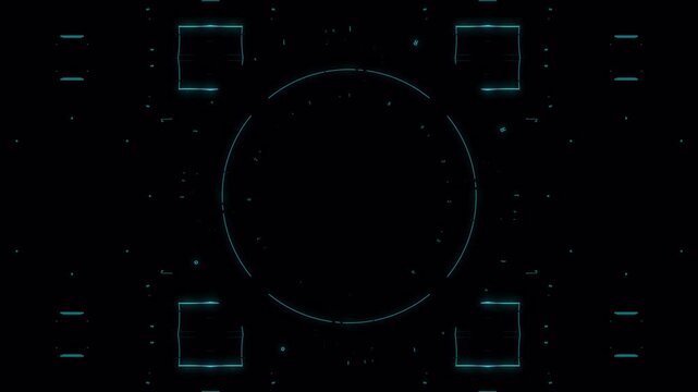 Futuristic circular HUD interface with corner frame elements and glowing blue ring, sci fi technology background, minimal digital UI design with clean copy space center
