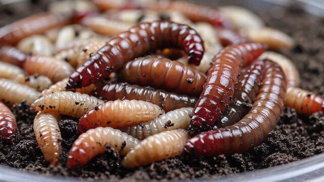 Closeup of a large group of wriggling larvae in dark soil.