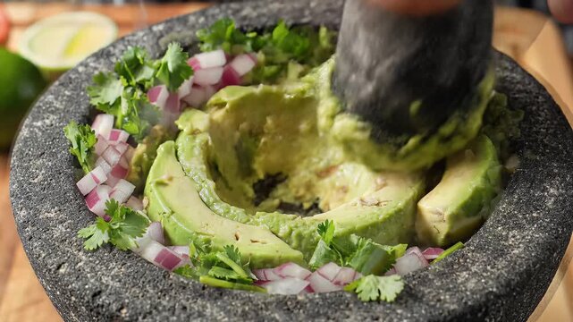 Making Fresh Guacamole in a Molcajete with Avocados and Cilantro.
