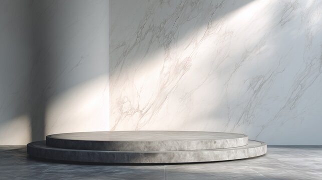 Minimal stone podium with sunlight and shadow on marble wall