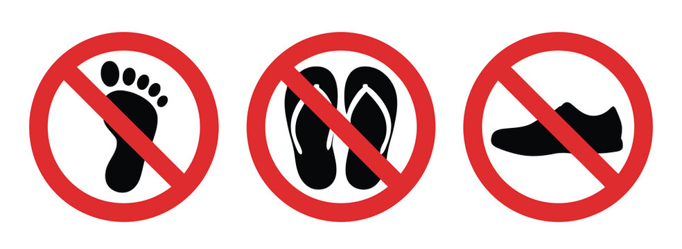 Footwear prohibition icons illustration, no barefoot and no flip flops warning symbols for safety rules and restricted footwear signage.