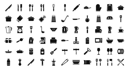 Fototapeta premium A comprehensive collection of essential kitchen utensils and cooking appliances. Vector Icon. EPS Editable
