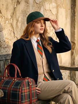 Woman in Navy Blazer and Tie with Green Baseball Cap