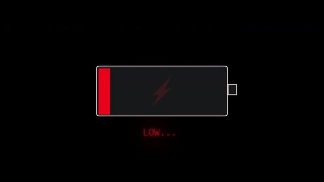low battery or energy animation with alpha channel, battery or power element, technology and interface. Cyberspace and Cyber security concept, Red Alert, Critical Battery or System Power, battery down