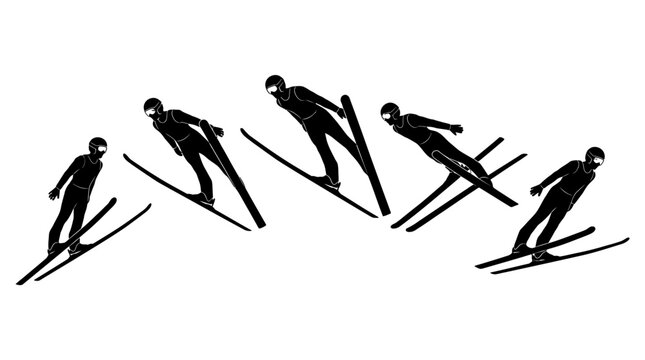 Group of skiers carving down snowy slopes in dynamic motion during a winter sport scene.