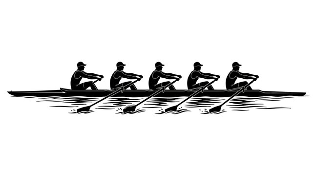 Rowing Team in Synchronised Race on a Calm River with Oars and Splash.