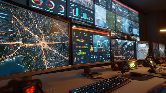 Control Room With Multiple Screens Showing City Map And Data Analysis