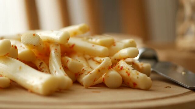 Smoked string cheese sticks with chili flakes on wooden board in kitchen cinematic footage.