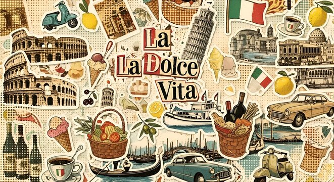 La Dolce Vita Italian Lifestyle Collage: Travel, Food, Cars, Landmarks,