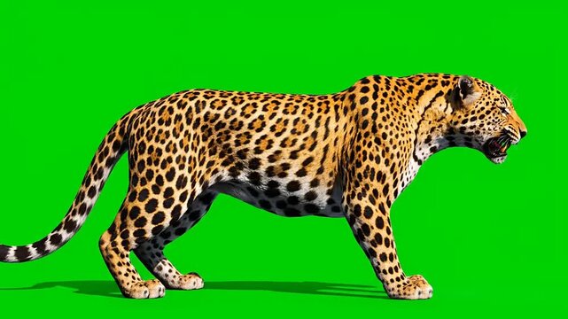 Leopard walking on a green screen background, stock footage of a wild cat with spotted fur and a long tail moving gracefully