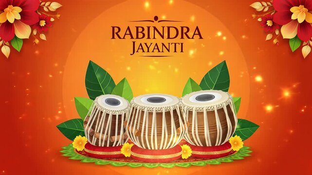 Rabindra Jayanti celebration with tabla drums and floral background
