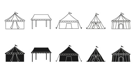 Collection of simple and decorative tents and marquees in outline and solid silhouette styles, perfect for outdoor events and festivals © Mecklenburglaan