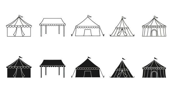 Collection of simple and decorative tents and marquees in outline and solid silhouette styles, perfect for outdoor events and festivals
