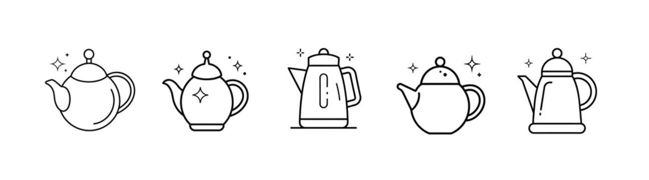Traditional teapot and kettle line icons set featuring ceramic pot kitchen kettle tea server boiling water and metal teapot more vector illustration with editable stroke.