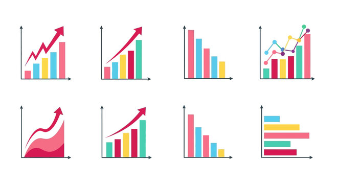 Collection of Bar Graphs and Line Charts Illustrating Upward and Downward Trends, Demonstrating Financial Growth and Decline
