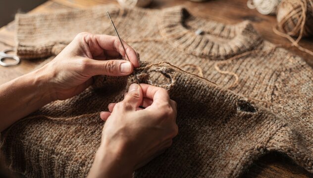 Medium shot of hands skillfully darning a knitted sweater repairing snags with delicate needlework to restore fabric integrity and texture.
