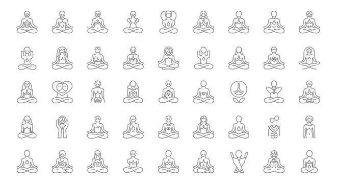 Yoga meditation poses line icons set spiritual practice mindfulness relaxation inner peace. Vector Icon. EPS Editable