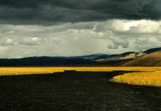 USA, Wyoming,  Jackson Hole.  Dramatic light on the marshland beneath dark cloud mass in the National Elk Refuge