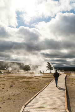 USA, Wyoming, Yellowstone National Park. Person walking the boardwalk among geysers and hot pools.  Upper Gyeser Basin, Biscuit Basin Loop