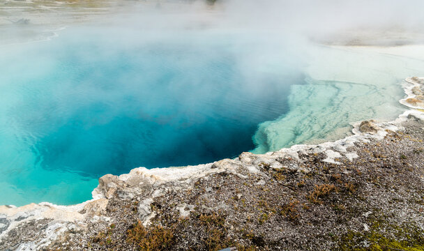 USA, Wyoming, Yellowstone National Park. Boiling hot water in the Sapphire Pool on the Biscuit Basin Loop.  Upper Geyser Basin.