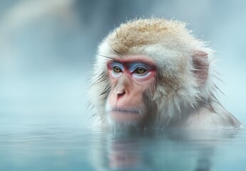 Obraz premium Japanese Macaque Portrait in Misty Water