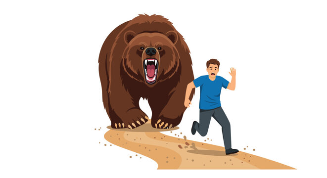 An enormous brown bear with sharp teeth and a wide-open mouth aggressively pursues a frightened man wearing a blue shirt along a dusty desert trail.