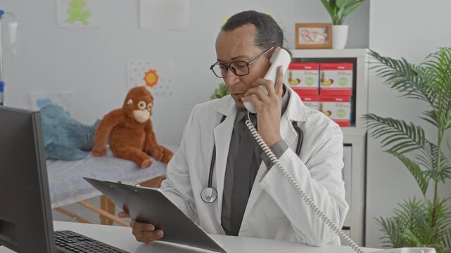 Man doctor with stethoscope holding telephone to ear while checking charts at clinic; focused professional care.