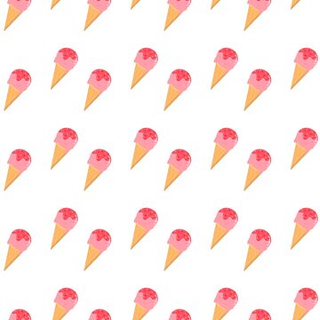 Strawberry ice cream cone seamless pattern. Frozen Summer Treat Repeat Background. Seamless Pink Ice Cream Pattern. Hand Drawn Strawberry Ice Cream Cone. Playful ice cream background