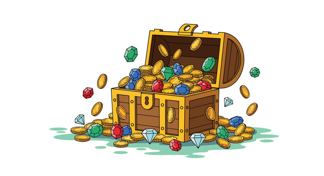 A heavy wooden treasure chest bursts open with an abundance of glittering gold coins and multifaceted colorful gemstones scattered across the ground.