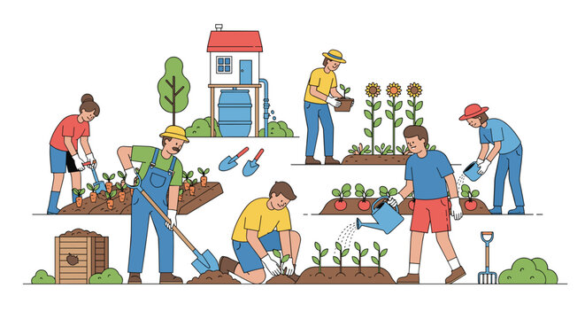 Meticulous gardeners engage in various agricultural tasks including watering sunflowers and harvesting carrots near a wooden compost bin and water tank.