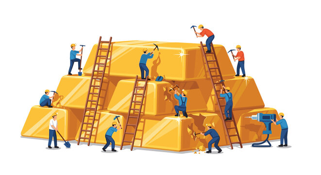 Meticulous miniature workers utilize wooden ladders and various hand tools to extract wealth from a towering stack of polished gold bars on a white base.