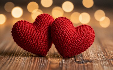 Fototapeta premium Two knitted red hearts rest on wood glowing warmly against soft bokeh