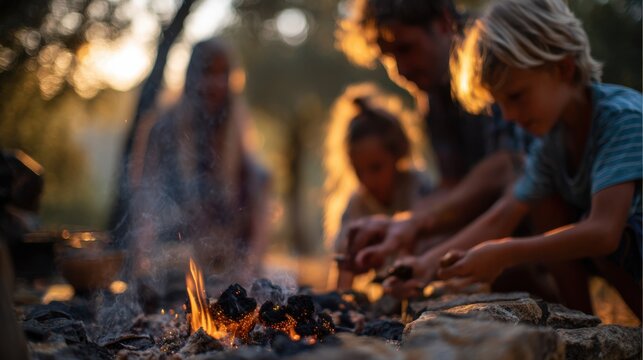 Family group around a small fire pit concentrated on firestarting method with glowing embers sharply captured against a dreamy natural background.