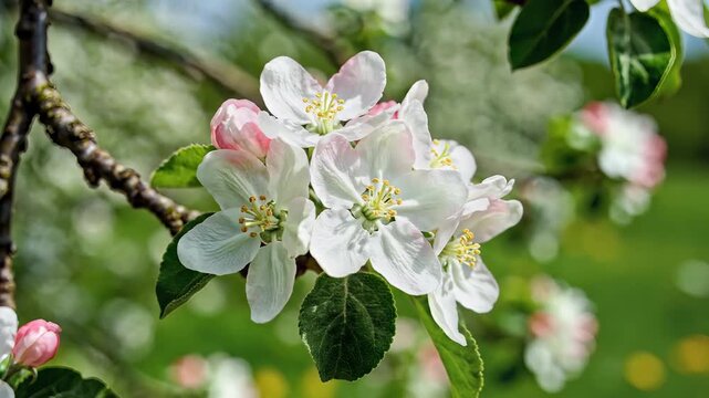 Closeup of delicate apple blossoms blooming on a tree branch in spring 1.
