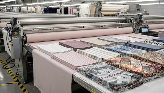 Medium shot of semiautomatic fabric spreader layering soft knits with smooth precision in a modern textile production setting. Medium shot captures wovens being stacked by