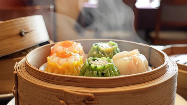 Steaming Dim Sum Dumplings in Bamboo Steamer Basket Close Up.