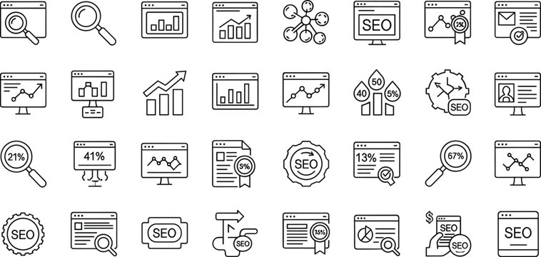 SEO and digital marketing analytics line icon set featuring search optimization charts data reports ranking and web strategy symbols