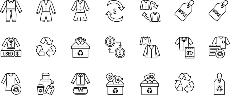 Sustainable fashion and clothing recycling line icon set featuring eco apparel reuse donation circular economy and textile waste symbols