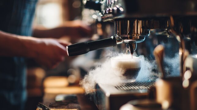 Medium shot of barista steaming milk on an automatic espresso machine focused frothing action creating microfoam with kitchen tools subtly out of focus behind.