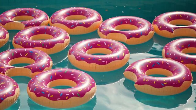 Multiple pink donut shaped inflatable pool floats with sprinkles representing summer vacation