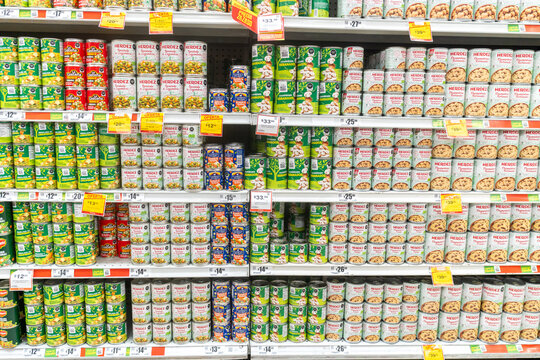Villa de Alvarez, Colima, Mexico. March 6, 2026: Abundant Canned Goods Displayed Neatly on Supermarket Shelves with Price Tags