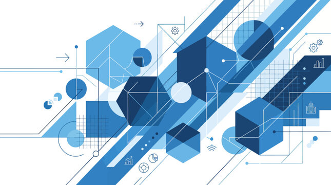 Abstract blue geometric shapes with circuitry-inspired patterns for tech and design use.