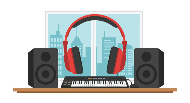 Vibrant red professional headphones float centrally above a sleek black MIDI controller and dual studio monitors set against a light blue cityscape window.