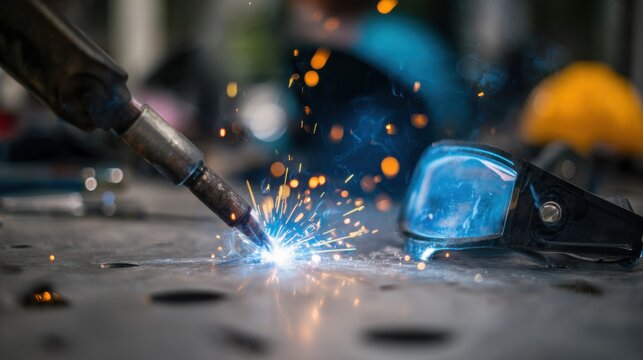 Focused welding torch in action on a metal piece with a vocational labs worktable and safety gear softly blurred behind.